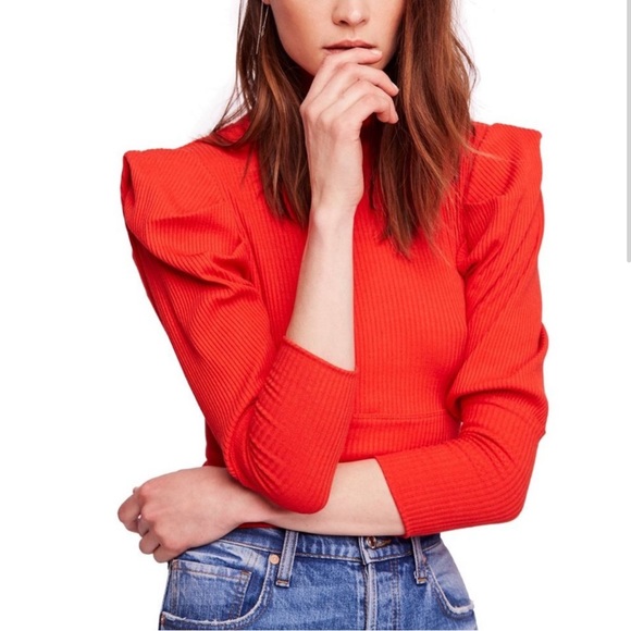 Free People Puff Shoulder Red Orange Mock Neck Top - Picture 2 of 4